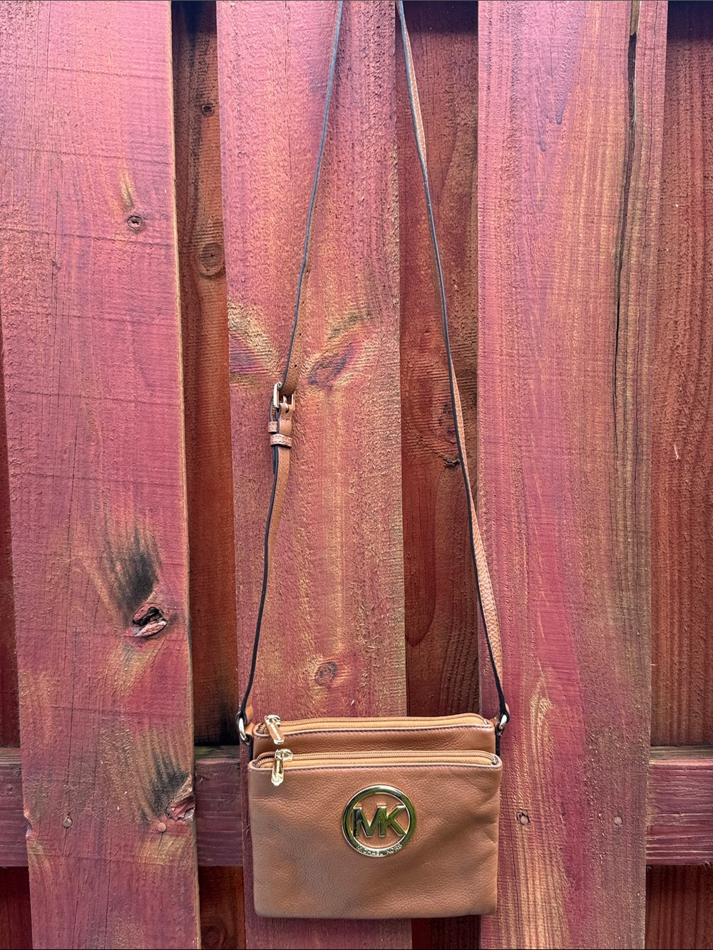 Michael Kors Fulton Camel Tan Pebbled Leather Triple Gusset Crossbody Bag